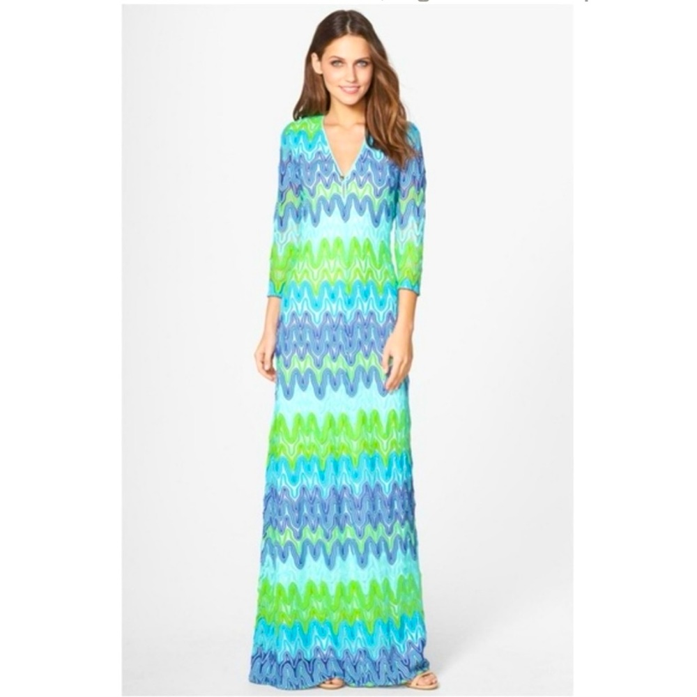 Lamora Crocheted Lace Maxi Dress in Blue and Green- Large
